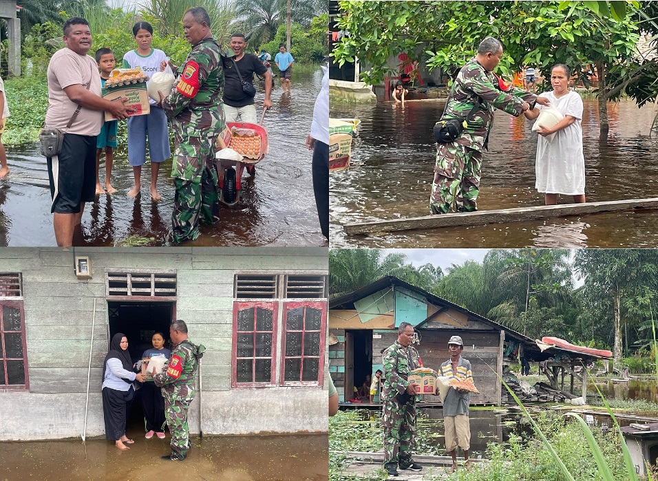 Babinsa Koramil 02/TL Bersama Perangkat Desa Distribusikan Bantuan Logistik yang Terdampak Banjir