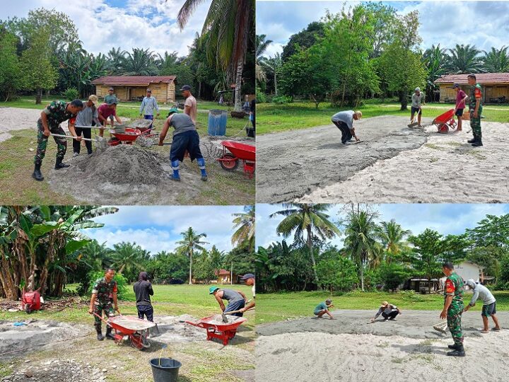 Babinsa Koramil 13/AN Bantu Masyarakat Bangun Lapangan Volly