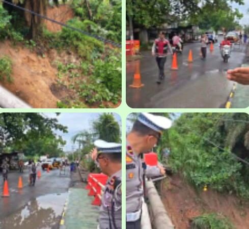 Curah Hujan Tinggi Bantaran Sungai Kelingi Longsor di Muara Beliti, Satlantas Polres Musi Rawas Sigap Atur Lalulintas dan Perlakuan Satu Jalur