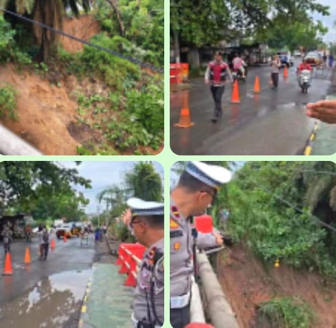 Curah Hujan Tinggi Bantaran Sungai Kelingi Longsor di Muara Beliti, Satlantas Polres Musi Rawas Sigap Atur Lalulintas dan Perlakuan Satu Jalur