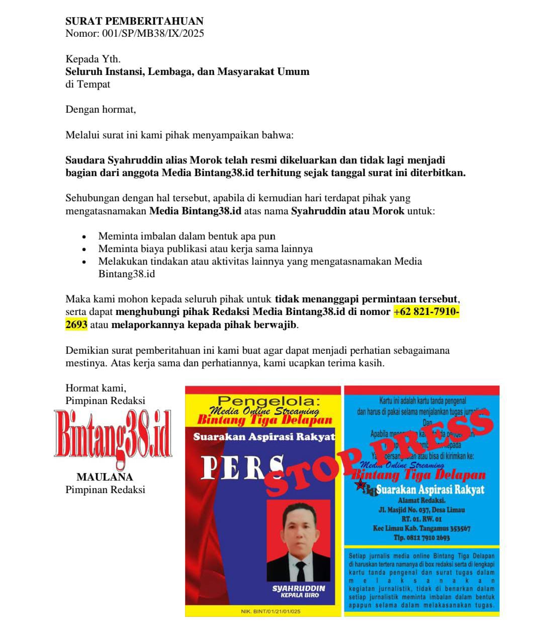 Media Bintang38.id Resmi Coret Syahruddin Alias Morok dari Daftar Anggota