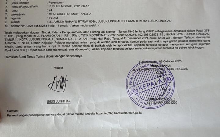 Dilaporkan Sejak Oktober 2025, Kasus Dugaan Penipuan Arisan di Lubuklinggau Belum Ada Perkembangan