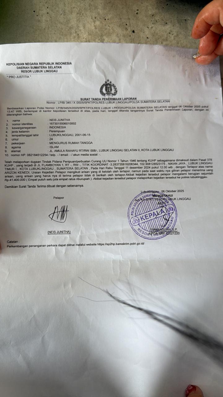 Dilaporkan Sejak Oktober 2025, Kasus Dugaan Penipuan Arisan di Lubuklinggau Belum Ada Perkembangan