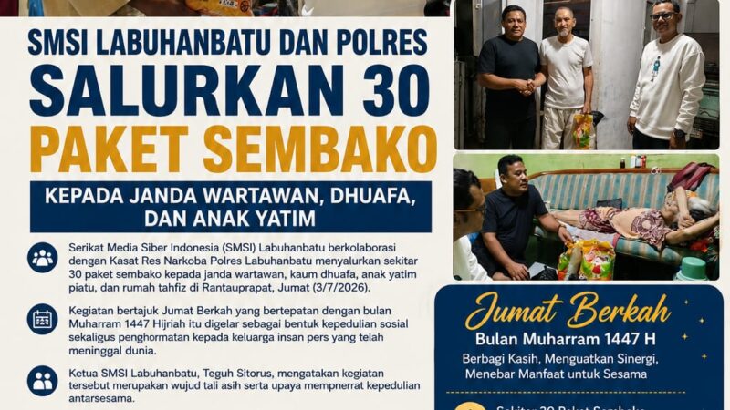 SMSI Labuhanbatu Dan Polres Salurkan 30 Paket Sembako Kepada Janda Wartawan, Dhuafa Dan Anak Yatim