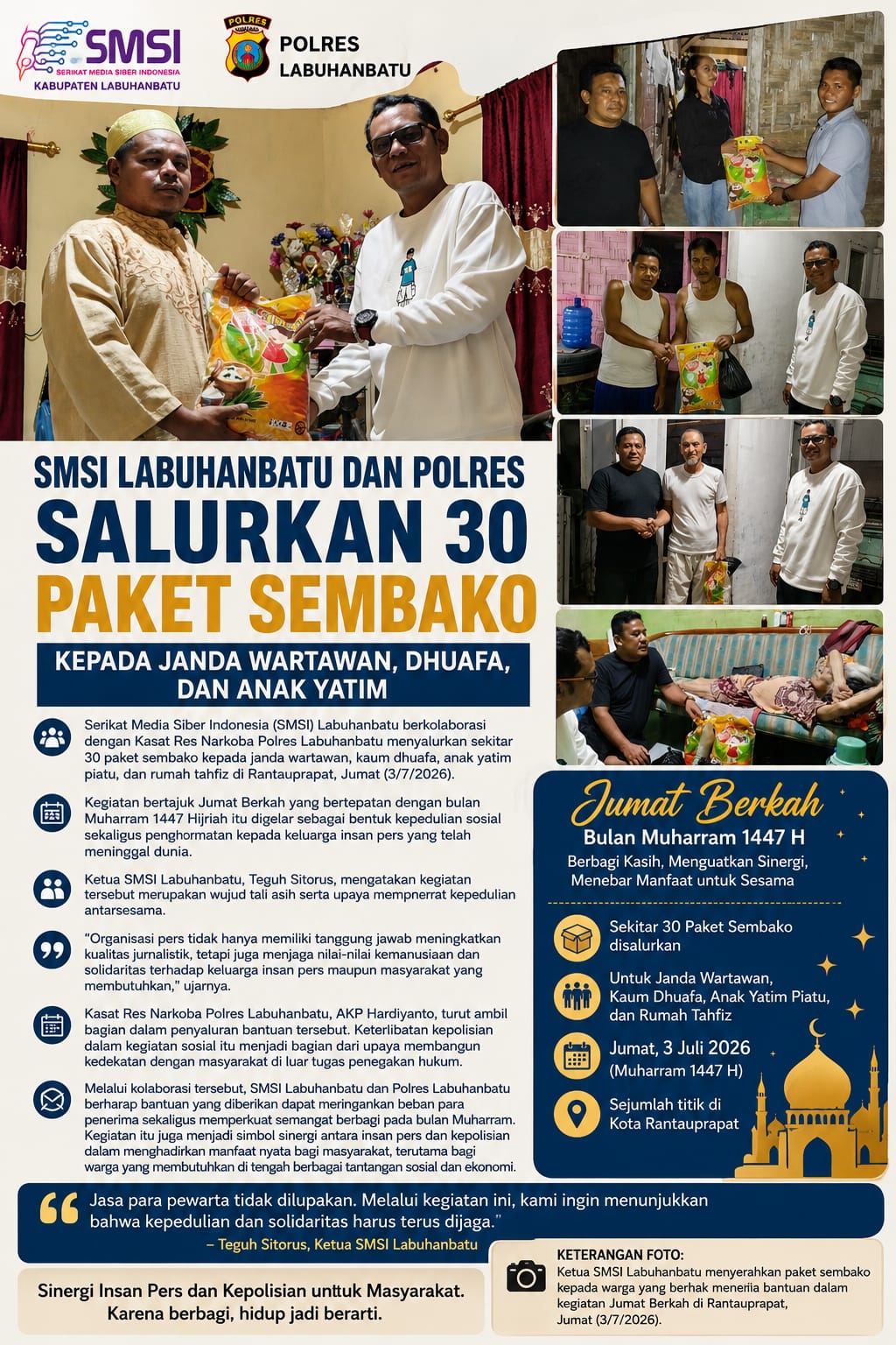 SMSI Labuhanbatu Dan Polres Salurkan 30 Paket Sembako Kepada Janda Wartawan, Dhuafa Dan Anak Yatim