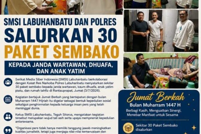 Bentuk rasa perduli Kepada Masyarakat, SMSI Labuhanbatu Dan Polres Salurkan 30 Paket Sembako Kepada Janda Wartawan, Dhuafa Dan Anak Yatim