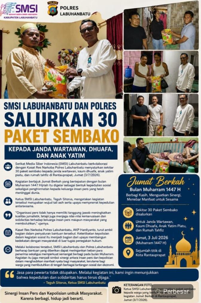 Bentuk rasa perduli Kepada Masyarakat, SMSI Labuhanbatu Dan Polres Salurkan 30 Paket Sembako Kepada Janda Wartawan, Dhuafa Dan Anak Yatim