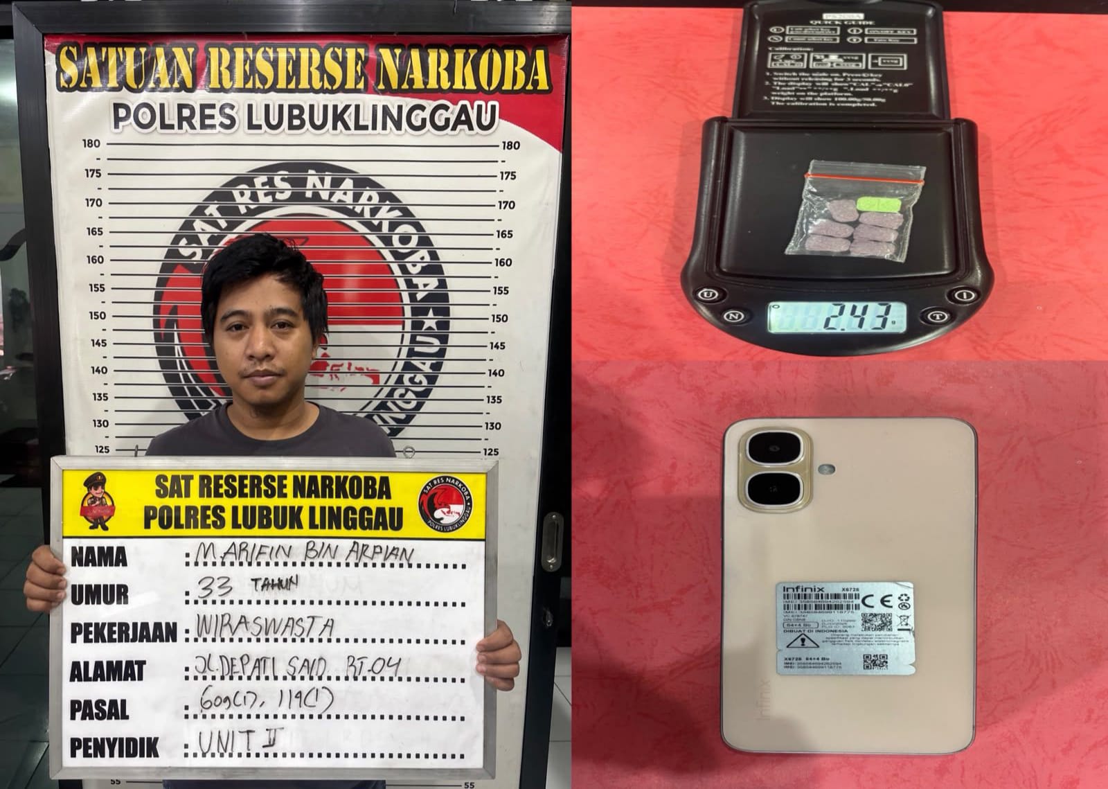 Satres Narkoba Polres lubuk Linggau Ringkus MA (33), Diduga Pemuja Sekaligus Pengedar Barang Haram jenis ekstasi.
