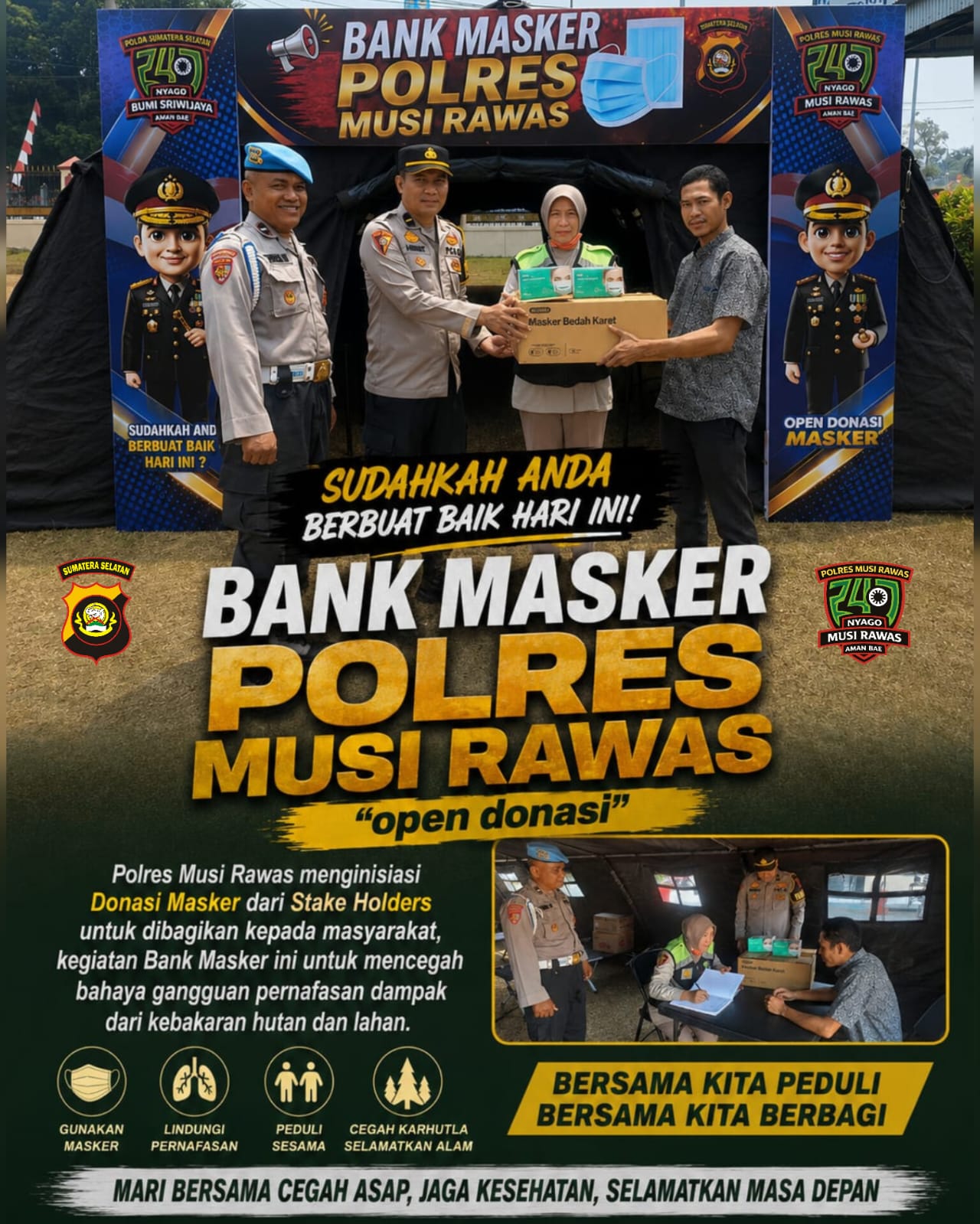 DIRIKAN BANK MASKER, POLRES MUSI RAWAS CEGAH ANCAMAN ISPA BAGI LANSIA DAN ANAK-ANAK.