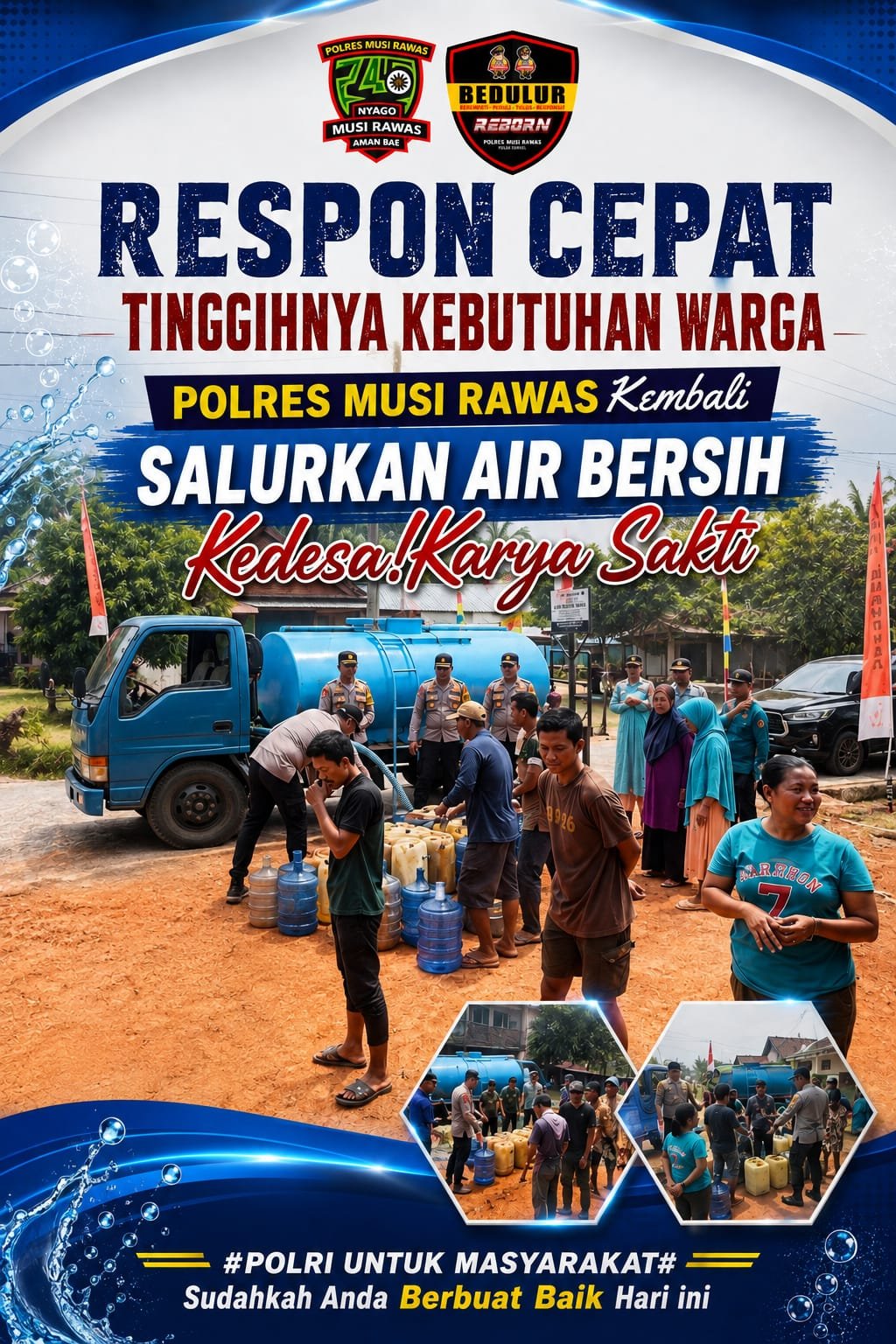 Respon Cepat Atasi Kebutuhan Warga,Polres Musi Rawas Kembali Salurkan Air Bersih untuk Warga Desa Karya Sakti yang Terdampak Kekeringan