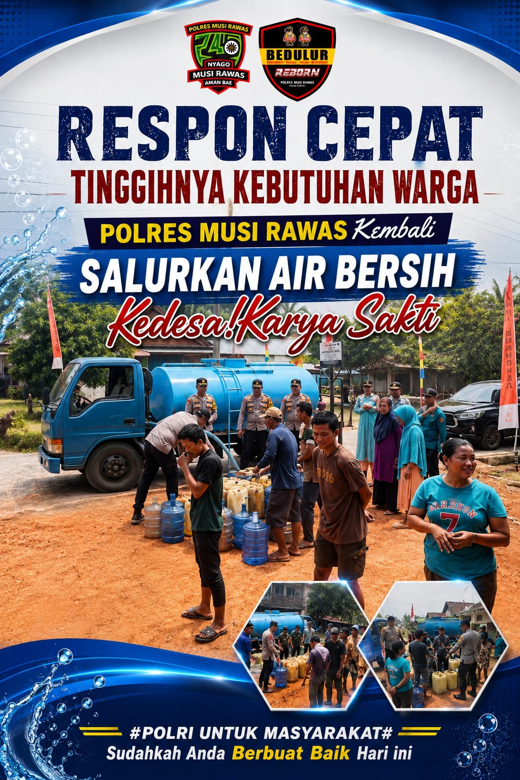 Respon Cepat Atasi Kebutuhan Warga,Polres Musi Rawas Kembali Salurkan Air Bersih untuk Warga Desa Karya Sakti yang Terdampak Kekeringan