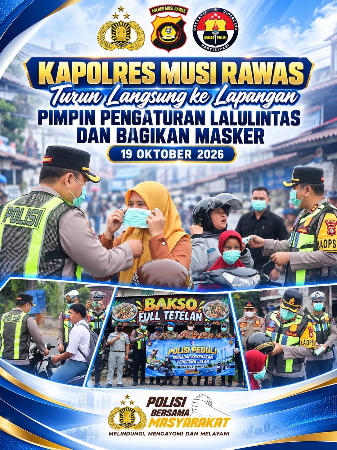 Berikan Rasa Aman dan Nyaman, Kapolres Musi Rawas Terjun Langsung Pimpin Pengaturan Lalu Lintas Pagi dan Bagikan Masker